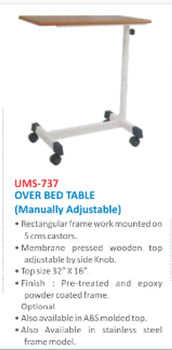 Unisearch Medicare Manual Adjustable Over Bed Table